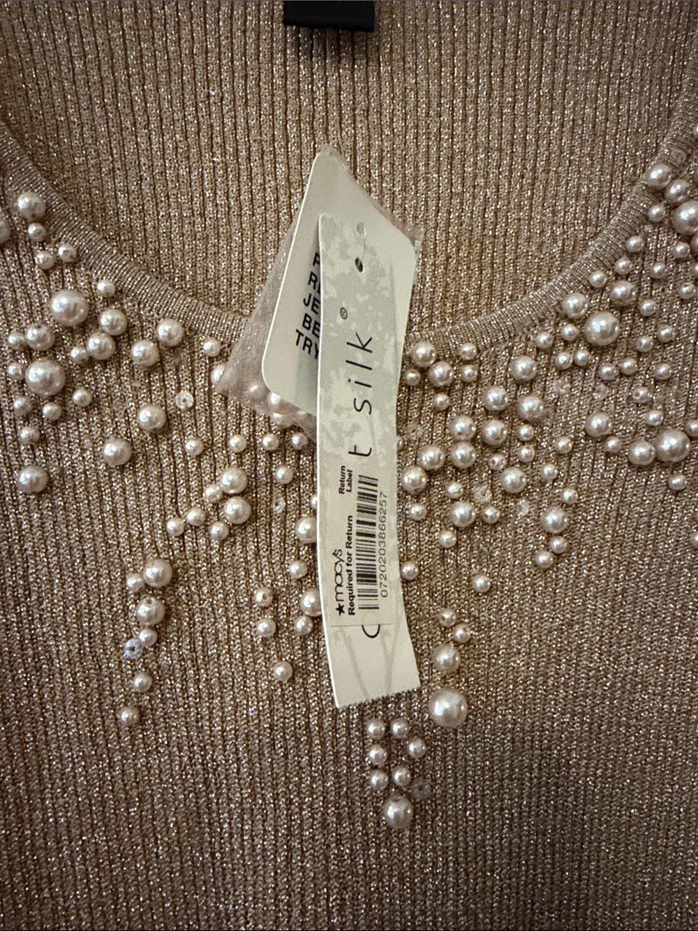 august silk Tan Metallic beautiful Pearl-Embellished Scoop Neck Sweater NWT - Picture 3 of 6
